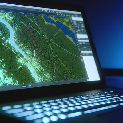 computer screen view of a flight plan being prepared for Lidar data for a forest on a desktop computer